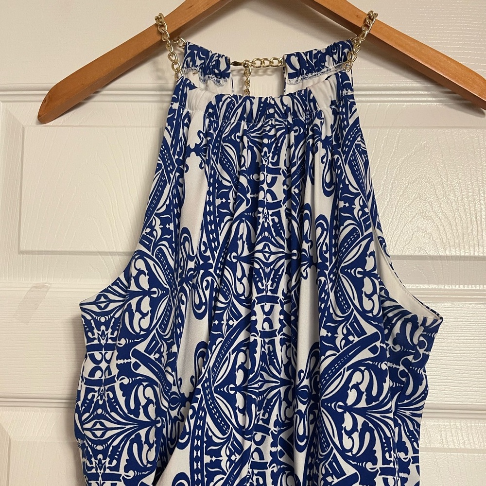 Bisou Bisou White & Blue Maxi Dress With Gold Chain Neck - Picture 5 of 7